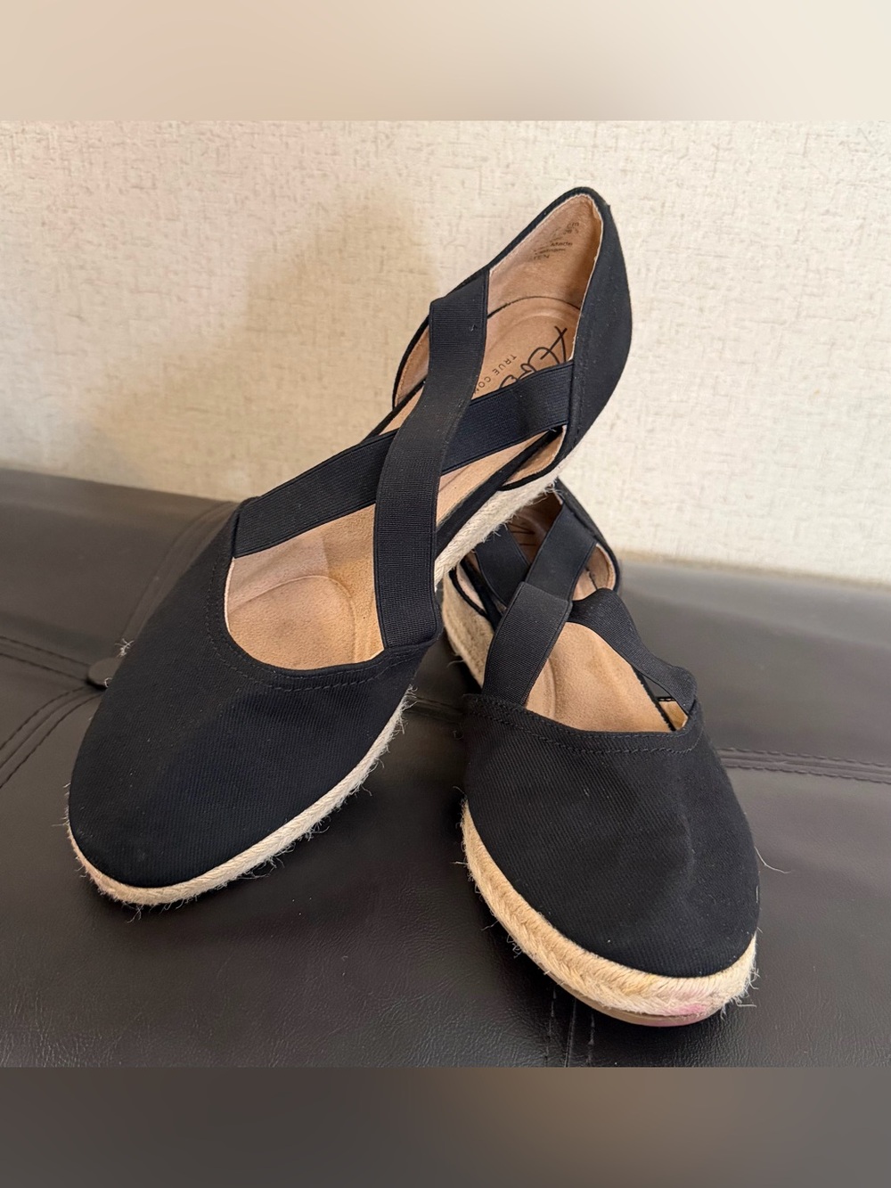 Abella Black Canvas Espadrille Wedges with Cross Straps
